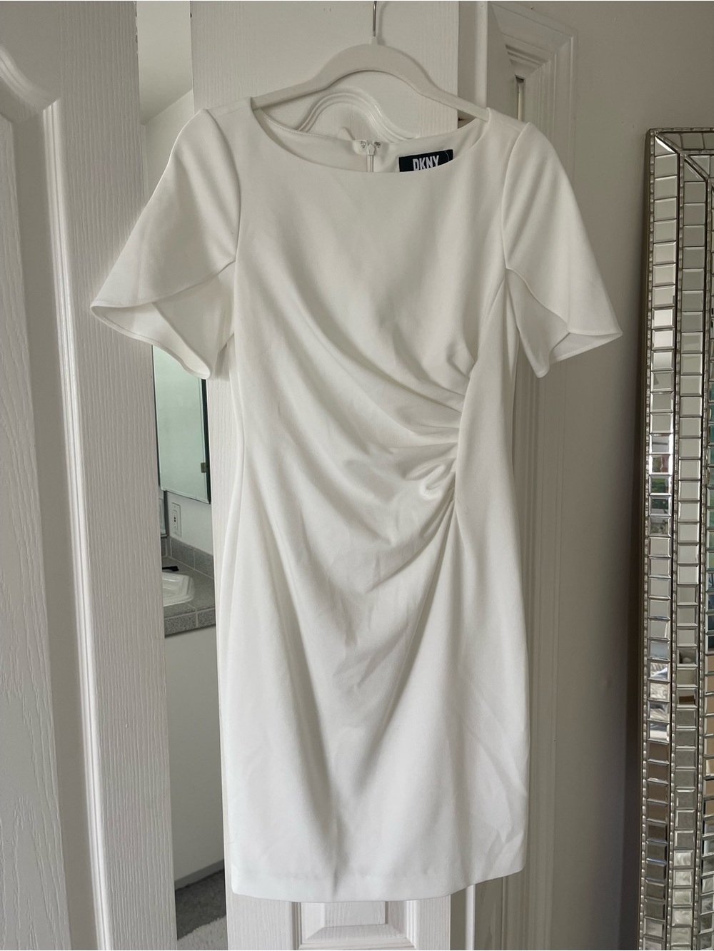 DKNY White Ruched Side Sheath Dress